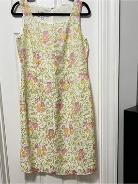 Talbots Cream Floral Midi Dress with Pink and Yellow Flowers